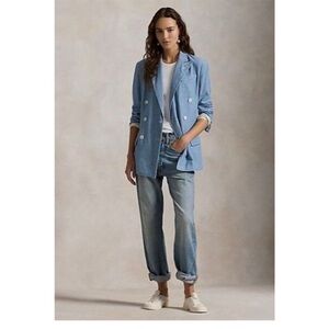 Polo Ralph‎ Lauren Double Breasted Chambray Blazer Womens 10 Blue Academia New
